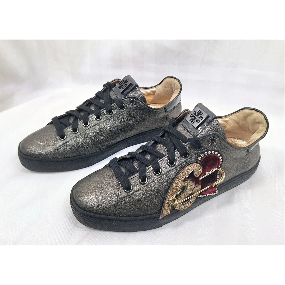 Hogl‎ Womens Metallic Pewter Leather Heart Safety Pin Sneakers Size 5.5